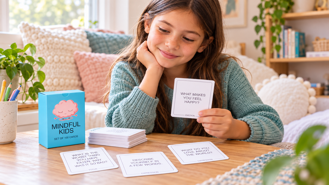 Child using BayWel Mindful Kids positive affirmation and conversation cards at home