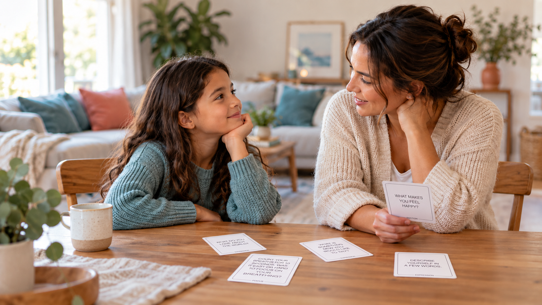 Parent and child using BayWel Mindful Kids conversation cards for an at-home social-emotional learning activity